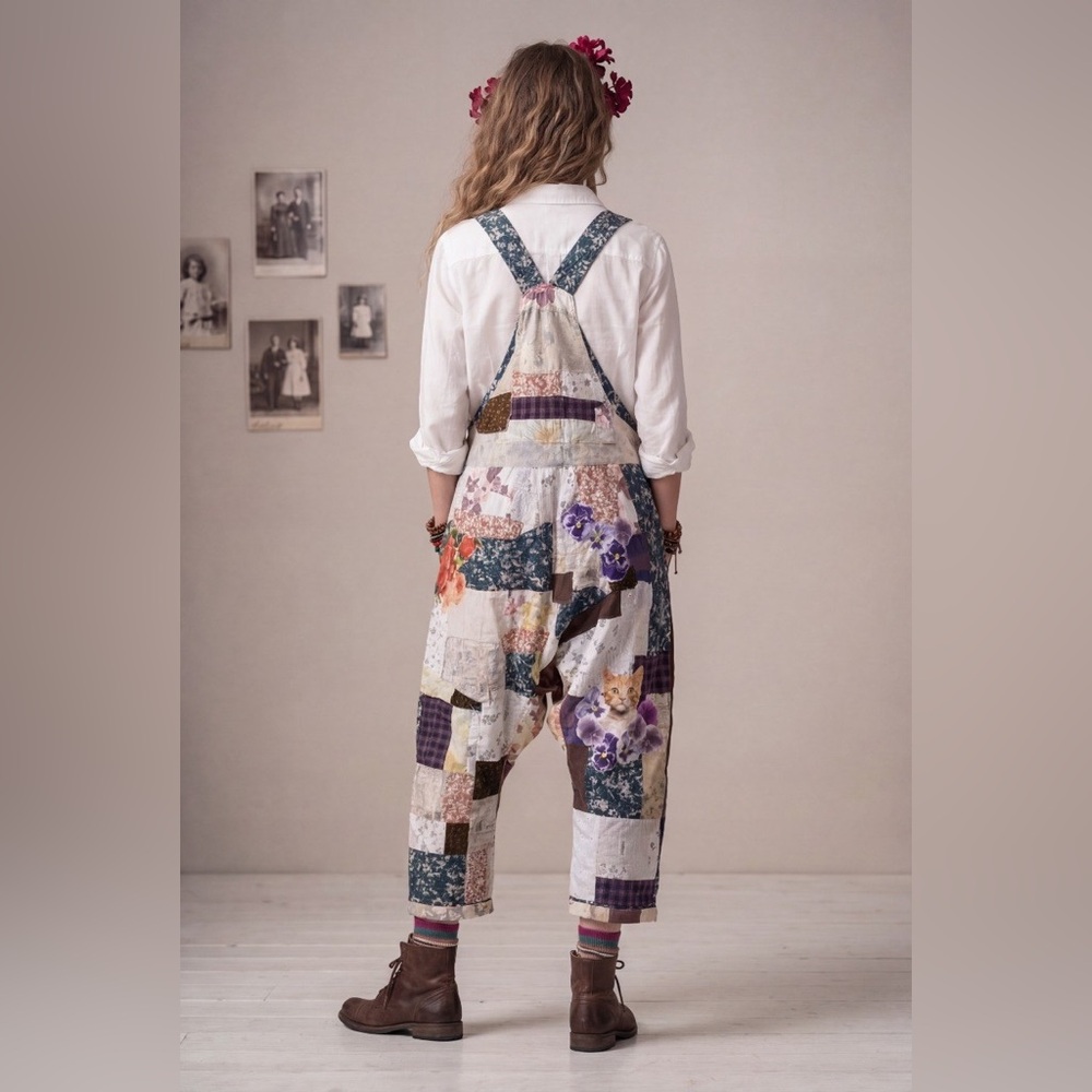 “Clochard de Luxe” Patchwork Floral Overalls in Blue, Cream & Brown - Picture 9 of 12